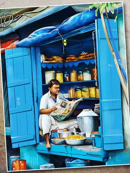 This digital painting by Abhishek Kundu captures a quiet moment of daily life in India. A shopkeeper reads a newspaper in his small, blue stall, and the artist's use of color and light creates a warm, slice-of-life scene.