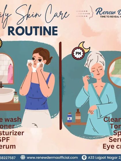 A simple visual guide to a good daily skincare routine for both morning and night. The AM routine focuses on protection with cleanser, moisturizer, and SPF, while the PM routine focuses on repair with serums and eye creams.