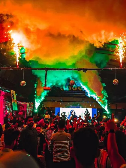 A colorful explosion of CO2 and pyrotechnics over the crowd at MOBE 26, Chandigarh.
