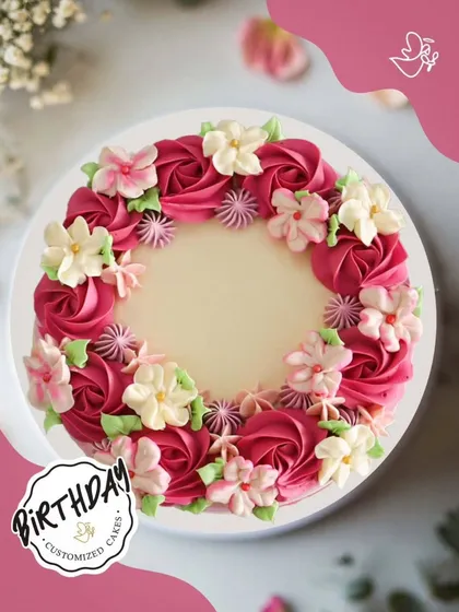 A wreath of beautiful buttercream flowers adorns this simple and elegant cake. The mix of colors and flower types creates a lovely, garden-like effect.