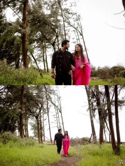 A walk to remember. This collage shows the couple strolling hand-in-hand through a beautiful, rustic path, lost in their own world.