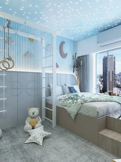 Blast off into imagination! We designed this space-themed kids' room with a starry sky ceiling, a bunk bed with a built-in play area, and plenty of room for dreams to take flight.