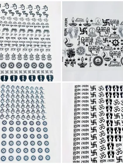 Our collection of insert sheets includes various auspicious symbols like Om, Swastik, and Lakshmi feet. These are perfect for creating resin pooja thalis and other festive items.