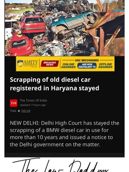 A Times of India article about a specific case where we secured a stay on the scrapping of a 12-year-old BMW. This interim order from the Delhi High Court was crucial in protecting my client's property while the case proceeded.