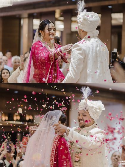 A diptych of the Varmala exchange, capturing the couple's joy and the celebratory shower of petals from their loved ones.
