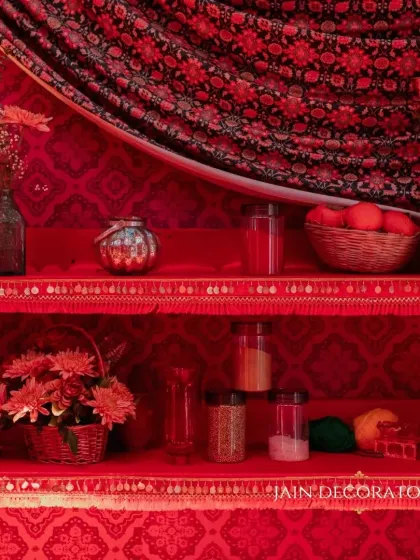 A pop of color and tradition in a modern setting. This corner features shelves with spices and flowers, adding a touch of rustic charm to a chic sangeet event.