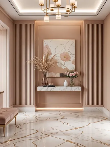 A blush-toned foyer with vertical wall paneling, a sleek bench, and a statement chandelier, proving that first impressions can be both warm and stylish.