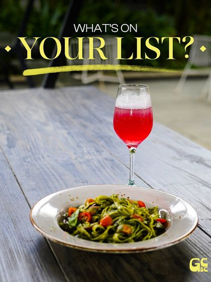 What's on your list today? A vibrant pesto pasta paired with a colorful, refreshing mocktail is always a good choice.