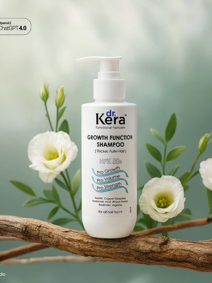 The final result of our AI-powered process. This shot of Dr. Kera shampoo, with its serene, nature-inspired background, was created from a simple prompt, proving you don't always need a physical set to get a high-end look.
