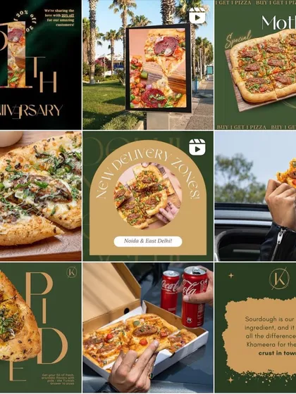 For this pizza brand, we developed a dark, modern, and edgy social media grid. The design uses a consistent color palette and typography to promote new delivery zones, special offers, and their signature sourdough crust.