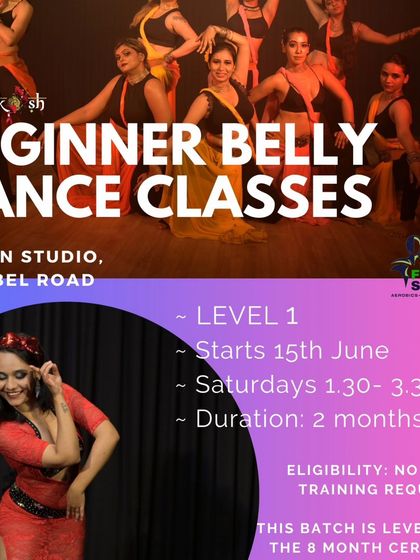 Join our beginner belly dance batch in New Bel Road. This Level 1 course is part of our 8-month certified program and is open to all.