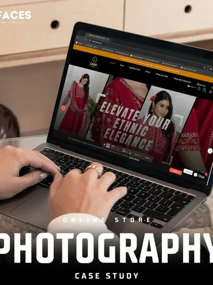 This image shows a website banner for "Ethnic Elegance," using our campaign photography to create a powerful brand statement for an online store.