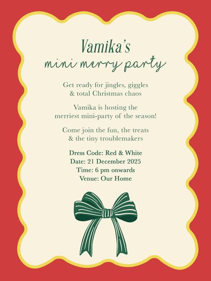 When your 2-year-old niece needs a Christmas party card, you deliver. This cute and simple invite for "Vamika's mini merry party" uses a playful font and a festive red and green color scheme.