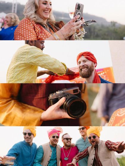 A collage of candid moments from a pre-wedding celebration. It captures guests taking selfies, the groom's turban tying, and the overall fun, festive atmosphere.
