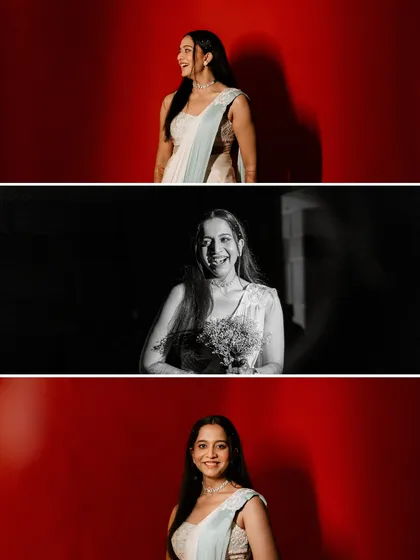 A triptych of the bride, showing her in different moods and lighting. From a dramatic red background to a joyful black and white laugh, it captures her versatile beauty.