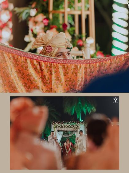 A collage capturing the groom's anticipation behind the antarpat and the bride's entrance. These shots build the story leading up to their first look at the mandap.