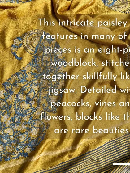 This intricate paisley, featured in our festive collection, is an eight-part woodblock stitched together like a jigsaw puzzle. Detailed with peacocks, vines, and flowers, blocks like these are rare beauties from our archive.