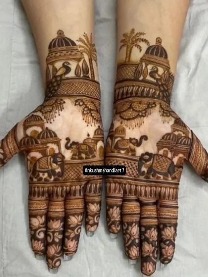 A mirror-image design featuring palaces, elephants, and palm trees, creating a beautiful and balanced look.