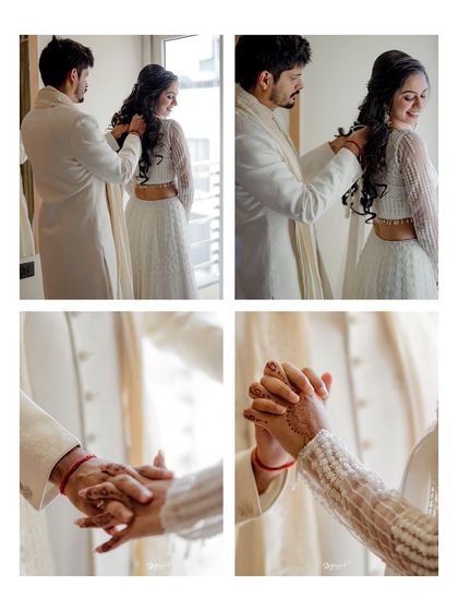 A collage of intimate moments, from the groom helping with the bride's hair to them holding hands, showing their deep bond.
