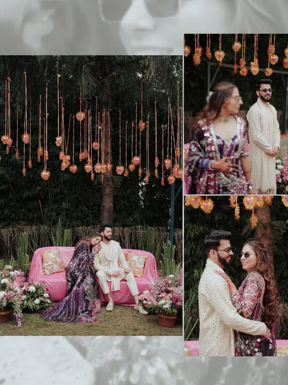 A collage of candid and posed shots of the couple at their Haldi ceremony. It captures their loving glances and relaxed moments amidst the festive decor.