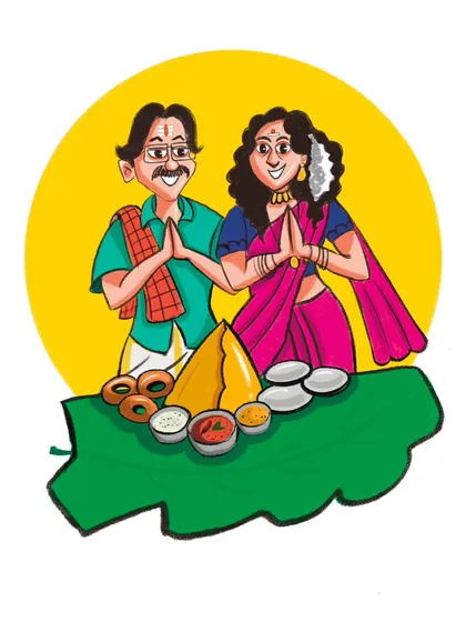 A vibrant digital illustration celebrating culture and togetherness. This custom artwork was designed to capture the spirit of a South Indian couple, complete with traditional attire and a festive meal.