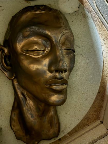 The evolution of a sculpture. This series shows a hand-built portrait bust from its raw clay form, to post-bisque firing, and finally with two different metallic glaze finishes.