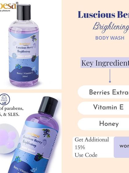 My Luscious Berry Brightening Body Wash is packed with natural ingredients like berry extracts, Vitamin E, and honey. It's free of parabens, SLS, and SLES, making it a gentle yet effective choice for your daily shower routine.
