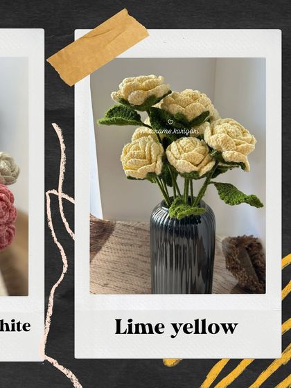 Our lime yellow crochet roses, presented in a sleek black vase. This unique color offers a fresh and modern take on the classic rose.