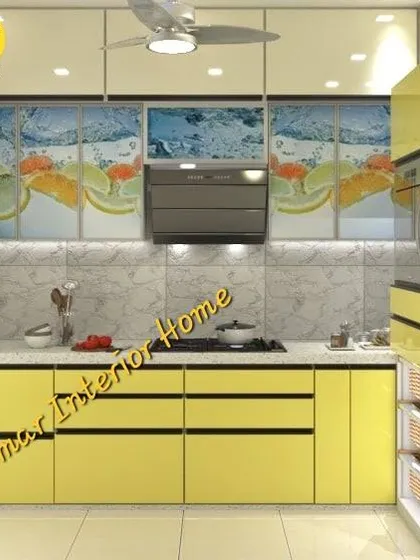 A variation of the digital print kitchen, this time with bright yellow base cabinets. This shows how we can customize colors to match our client's preferences while maintaining a cohesive design.