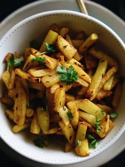 The ultimate monsoon comfort food: hot khichdi with a side of crispy aloo fry. This simple, top-down shot is all about celebrating a classic and beloved combination.