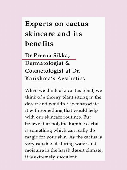 In my interview with Lifestyle Asia, I explained that because the cactus plant is excellent at storing water, its extracts are extremely succulent and hydrating for the skin.
