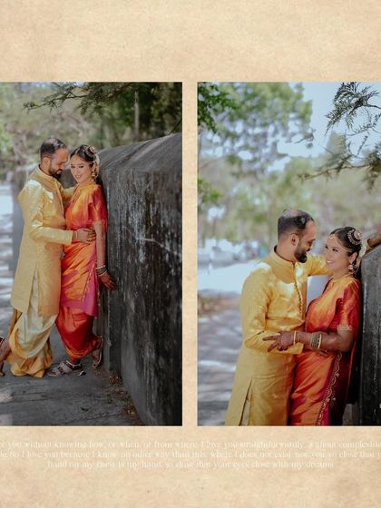 A diptych of a couple in traditional Iyer wedding attire, sharing a quiet moment together.