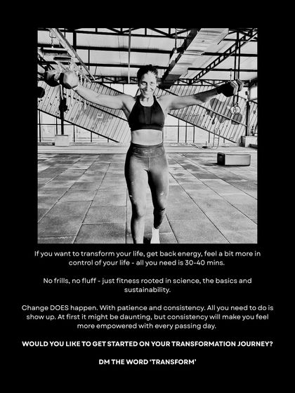 My coaching promise: no frills, no fluff, just fitness rooted in science, basics, and sustainability. If you want to transform your life, all you need is 30-40 minutes and the consistency to show up.
