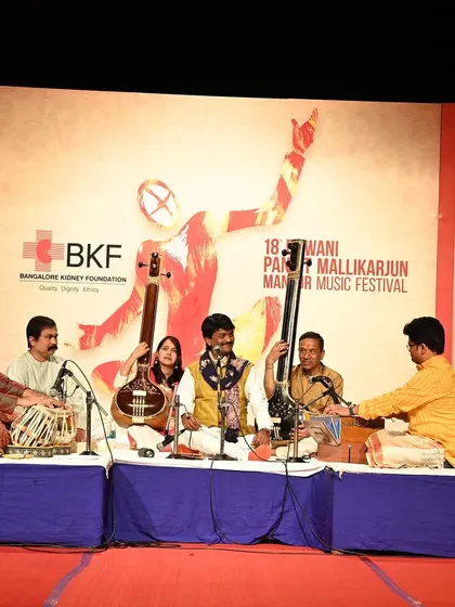A full ensemble shot from the 18th Dhwani Pandit Mallikarjun Mansur Music Festival. I am providing tabla accompaniment for the vocal performance.