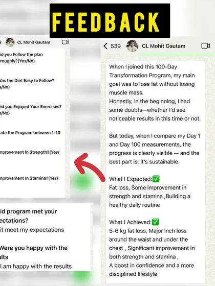 The results speak for themselves, but so do my clients. This is detailed feedback from Mohit after his 100-day transformation, where he lost 5-6 kg of fat, gained significant strength, and built a disciplined lifestyle. My goal is to exceed your expectations.