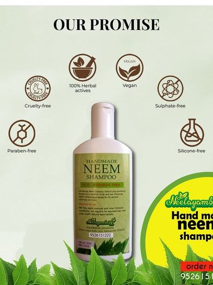 My promise to you is simple: pure, natural, and safe products. This graphic shows that my Neem Shampoo is 100% herbal, vegan, cruelty-free, and free from harmful chemicals like sulphates and silicones.