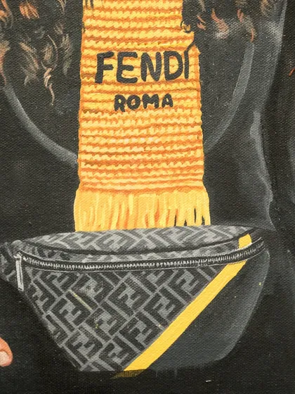 A detail of the "Masterpiece on a Master Piste" painting, focusing on the Fendi scarf and belt bag worn by the modern Mona Lisa.