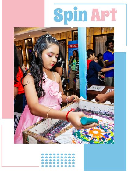 Another look at the popular spin art station. The joy is in watching the colors blend and fly outwards to create an unpredictable and beautiful design.