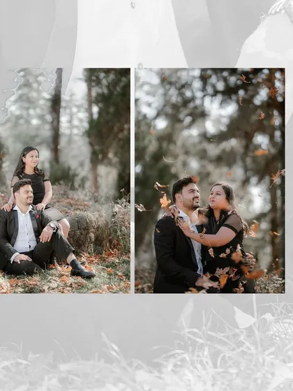 A collage showing a couple enjoying the autumn scenery, with shots of them sitting amongst fallen leaves, capturing the warm and cozy vibe of their shoot.