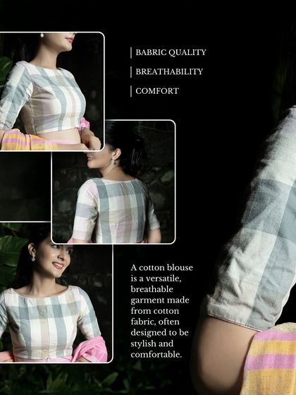 A closer look at the quality, breathability, and comfort of our checked cotton blouse. It's a versatile garment designed to be both stylish and comfortable.