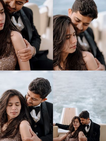 A collage of intimate and romantic close-ups on the yacht, capturing the gentle sea breeze and the couple's loving glances.