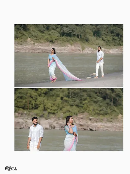 A diptych of a couple by the river, with the bride's beautiful two-toned saree flowing in the breeze.