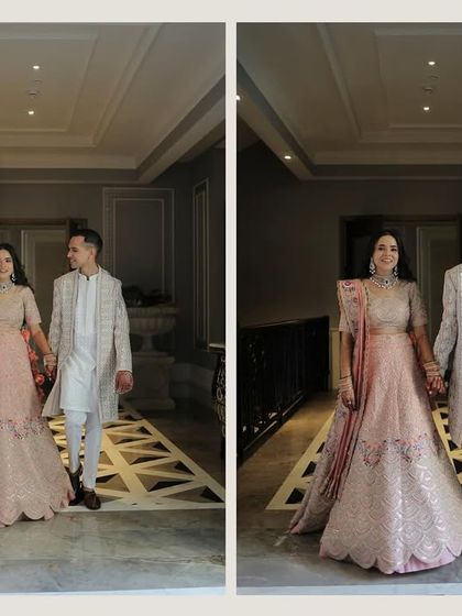 A classic diptych of the couple walking hand-in-hand. These full-length shots showcase their beautiful coordinated outfits and the elegant interiors of the venue.