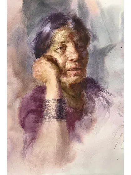 A watercolor on paper portrait titled "Grandmother." The fluid nature of watercolor is used here to convey a sense of contemplation and memory, capturing a quiet, thoughtful moment.