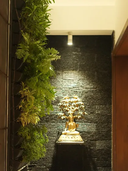 We create tranquil corners by blending nature with art. This vertical garden is paired with a spotlit Buddha statue against a dark, textured wall, creating a focal point of peace and serenity in a modern hallway.