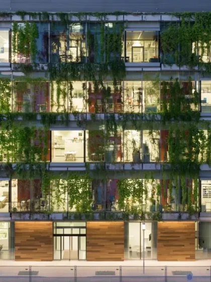 For the Novartis Campus in Basel, Switzerland, I designed the Virchow 16 building with a dynamic green exterior. This facade, seen here at dusk, integrates nature directly into the workplace, showcasing a design philosophy that unites man and nature on an international scale.