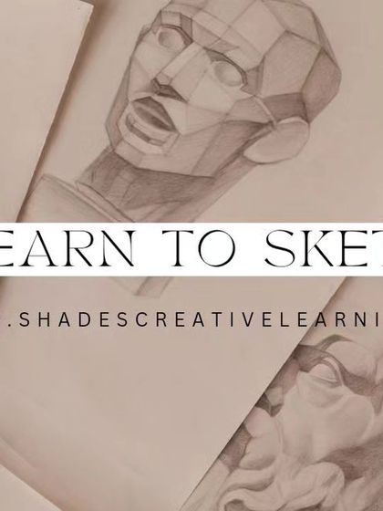 A graphic showcasing the foundational studies in our sketching courses. We guide students through understanding form, structure, and anatomy, using classical busts and geometric shapes as learning tools.