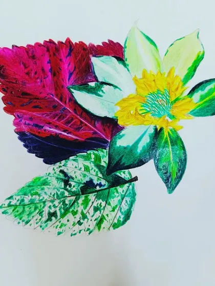 A bespoke botanical illustration made with colored pencils. I enjoy creating detailed compositions of flowers and leaves, focusing on their unique colors and textures for a beautiful piece of nature art.