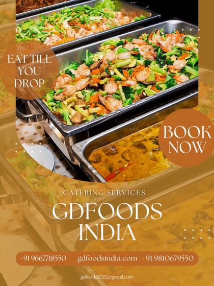 A vibrant buffet spread featuring a mix of Asian and Indian dishes. This image highlights our versatility, showing a colorful shrimp and broccoli stir-fry next to classic Indian preparations.