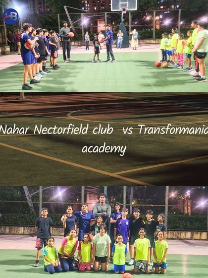 A collage from the inter-club basketball practice match between Nahar Nectorfield Club and Transformania Academy. The images show the teams in action and posing together, highlighting the competitive yet friendly spirit of the event.